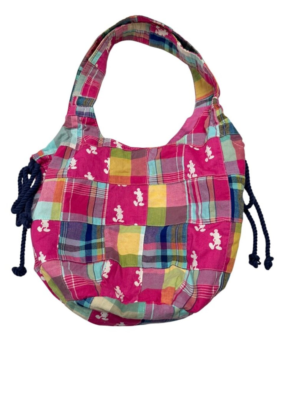 Disney Parks Mickey Mouse Patchwork Plaid Drawstring Hobo Shoulder Bag Pink